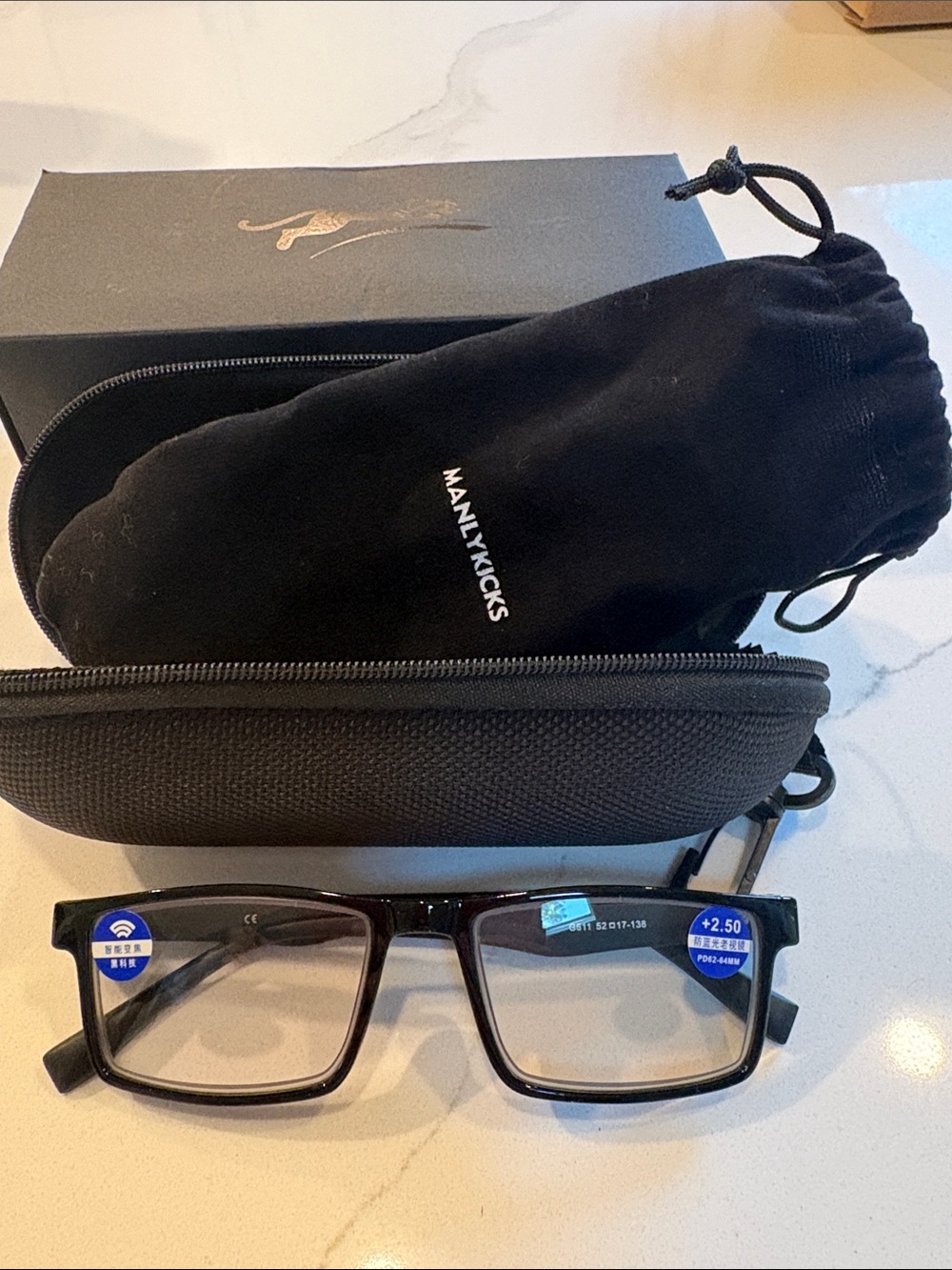 NWT ManlyKicks Black Glasses with Case and Soft Drawstring Pouch